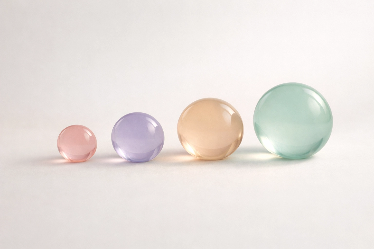 Four pastel glass orbs in an ascending curve representing the step-by-step career growth of queer business leaders.
