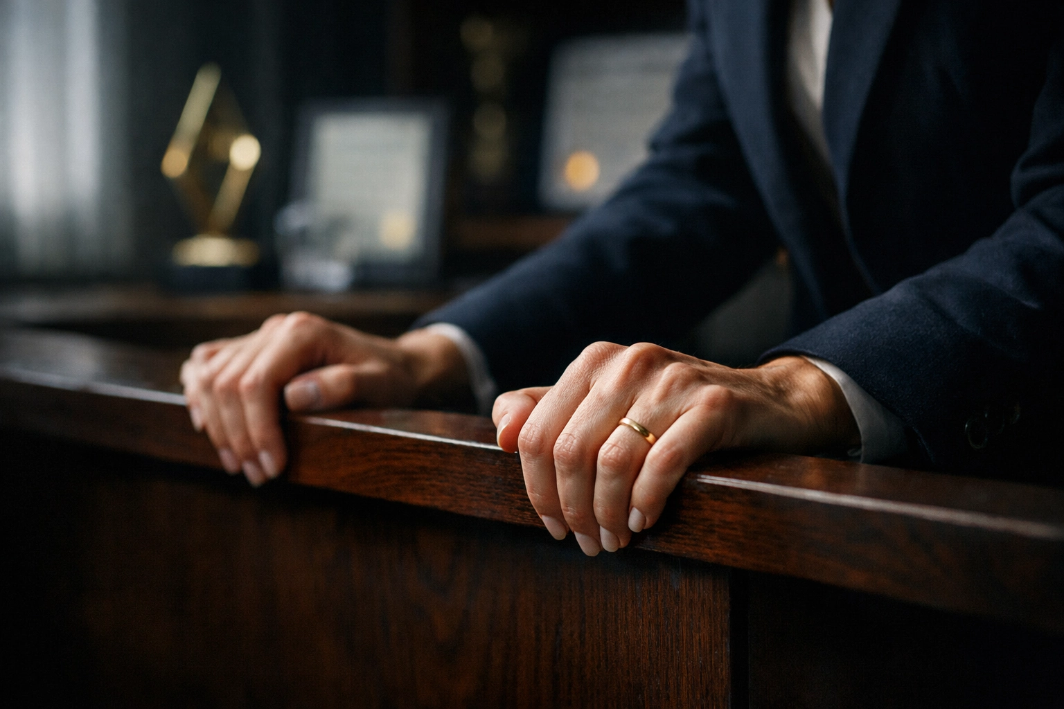 Successful woman's tense hands gripping desk with awards visible, showing imposter syndrome anxiety