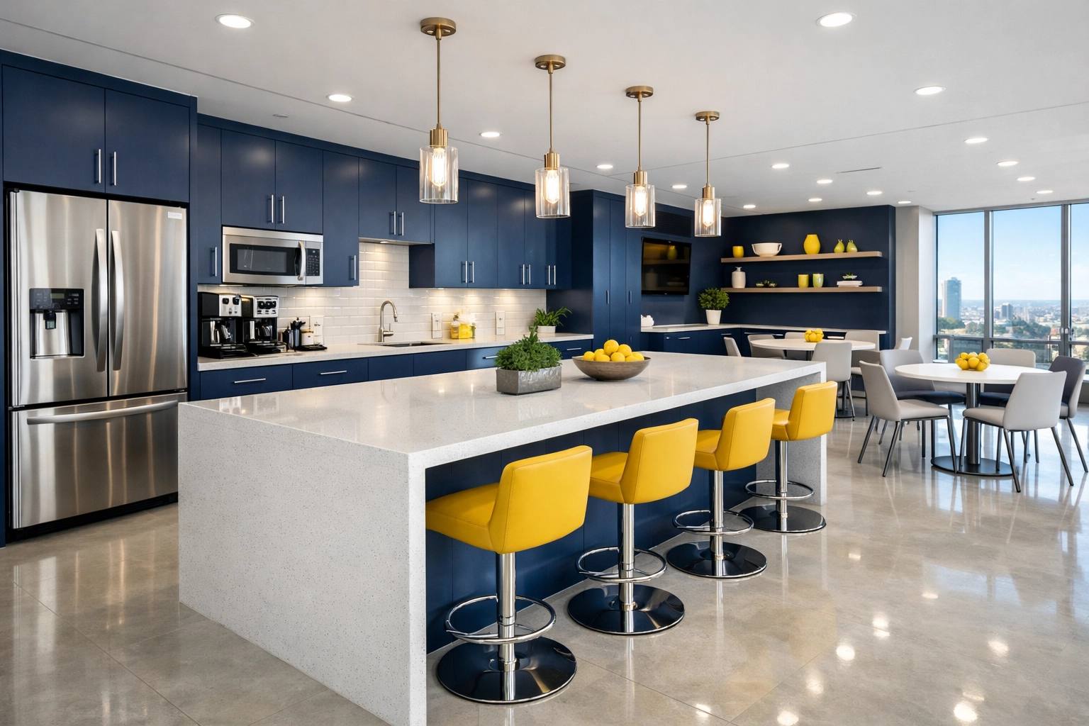 A spotless luxury office breakroom in Bedford after a thorough commercial cleaning service session.