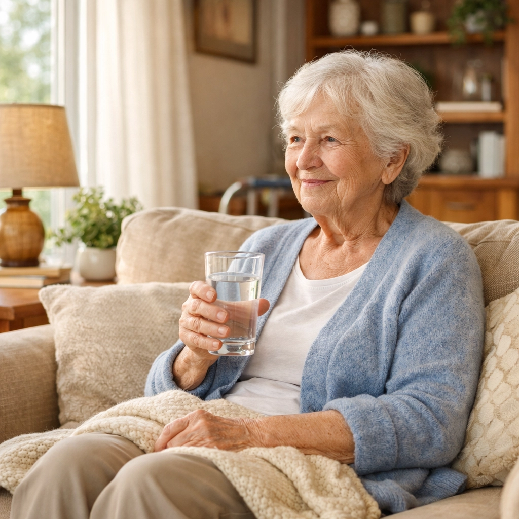 Senior resting on couch with water after fall recovery