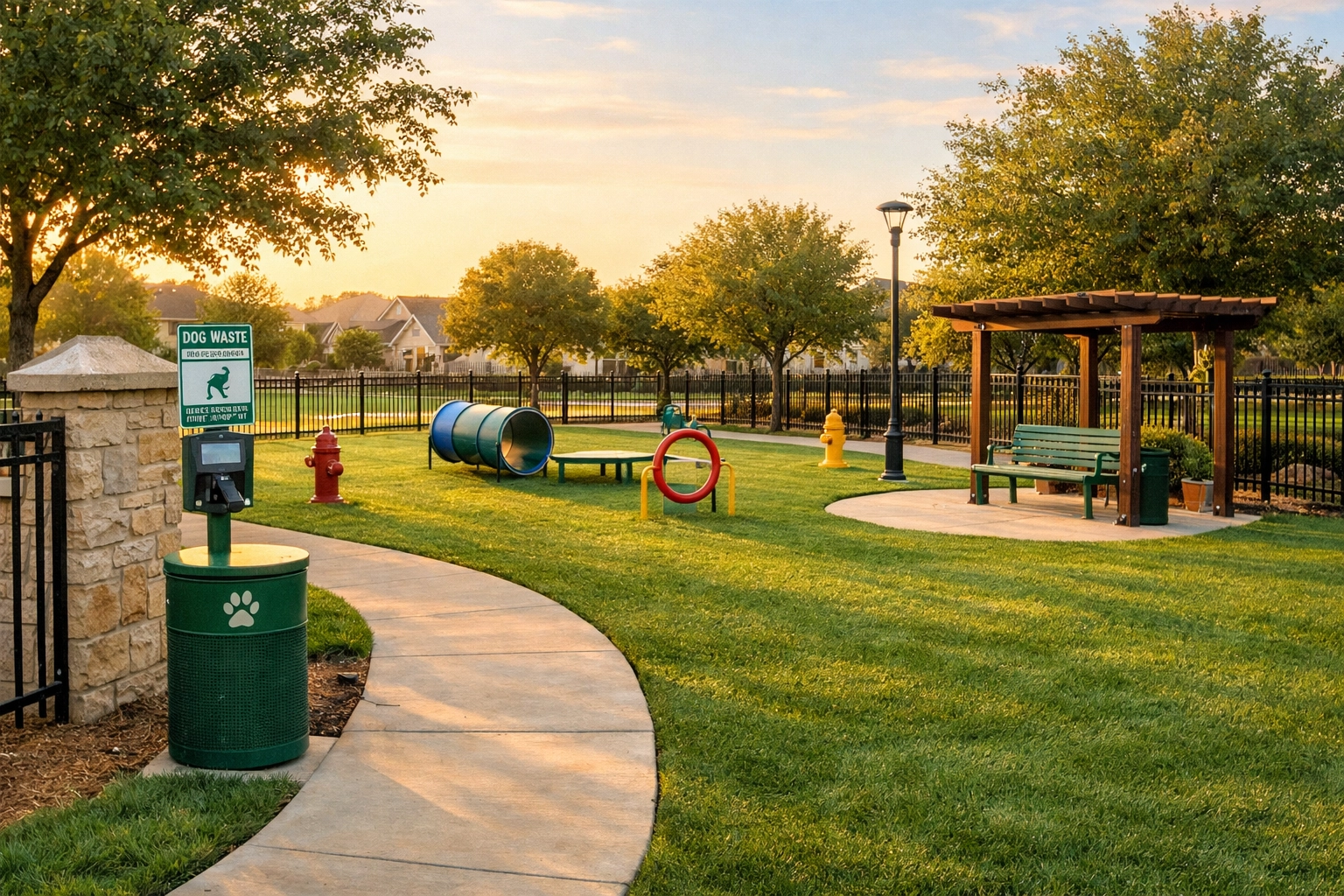 Clean community dog park in an HOA with maintained turf and paths