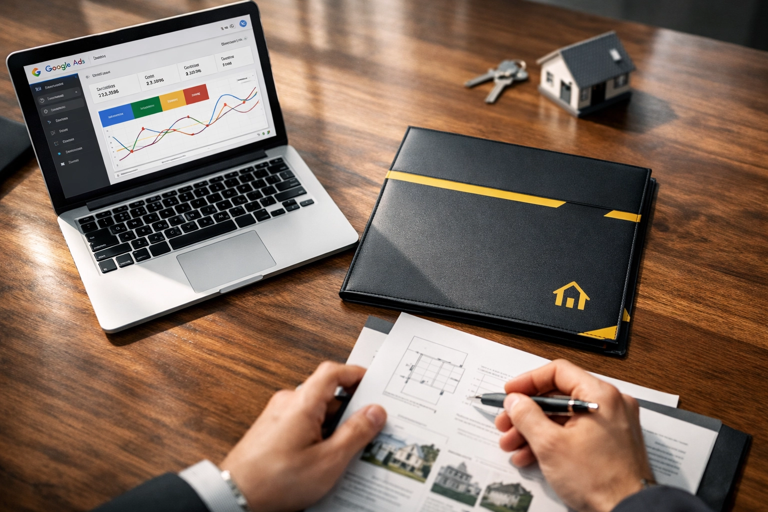 Real estate agent desk with Google Ads dashboard on laptop next to branded presentation folder