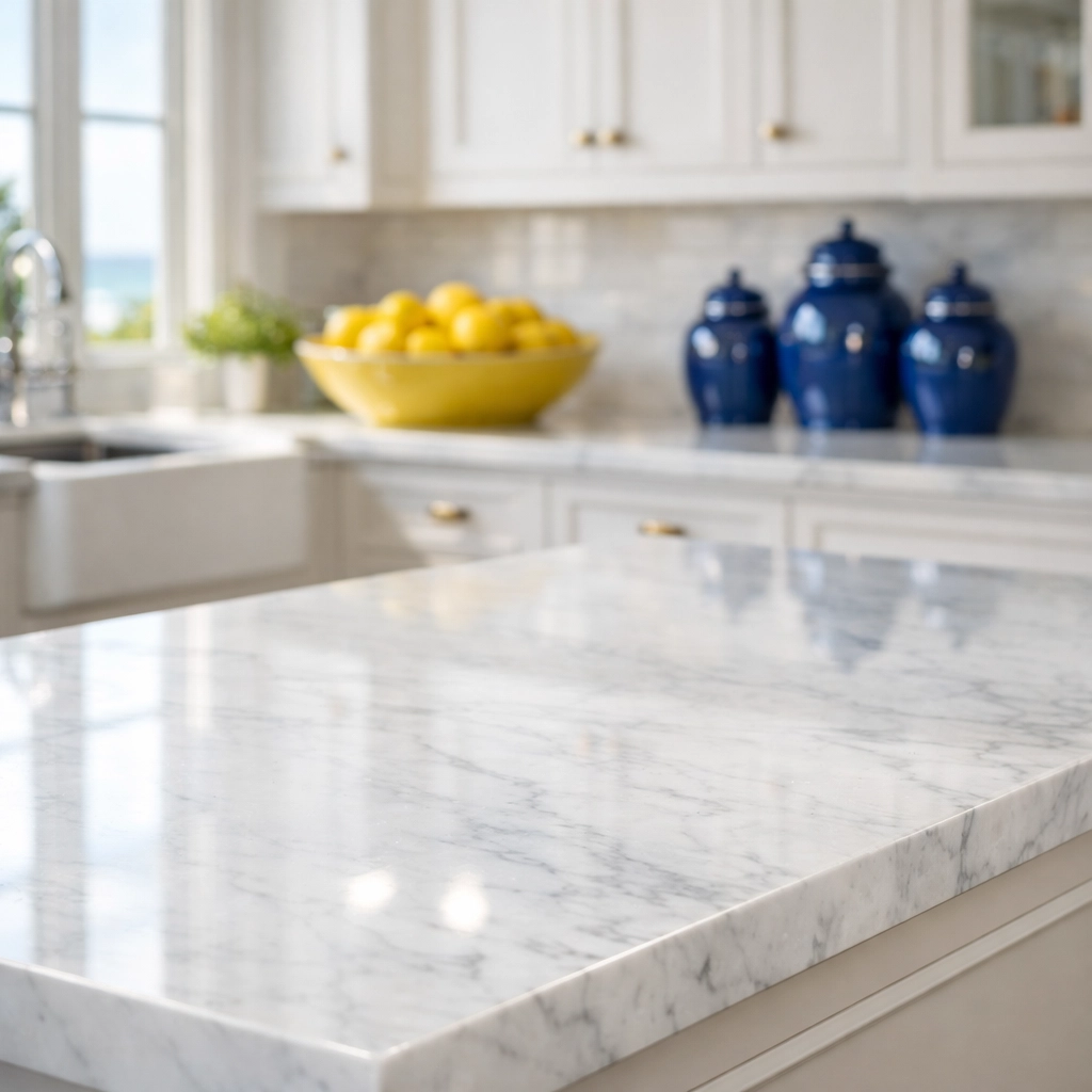 Spotless Carrara marble kitchen island in a coastal estate showcasing professional Cohasset luxury cleaning services.