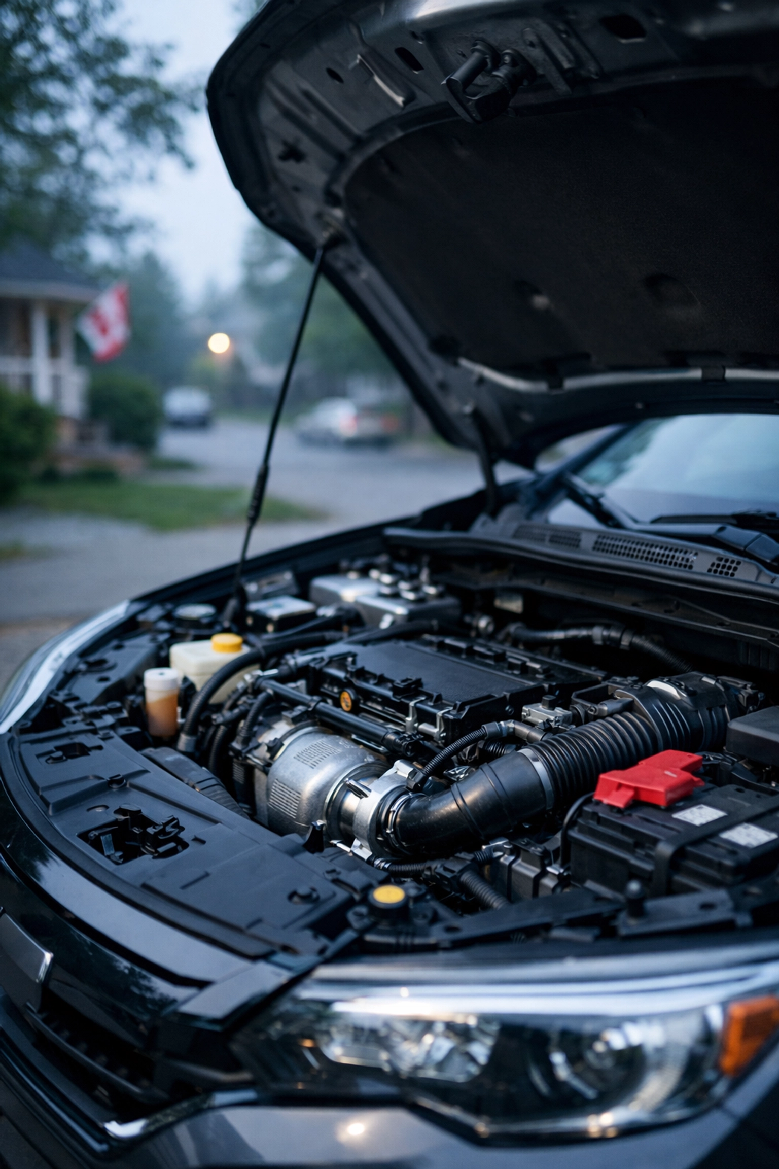 A broken down car in a driveway illustrating the need for fast emergency loans in Canada.