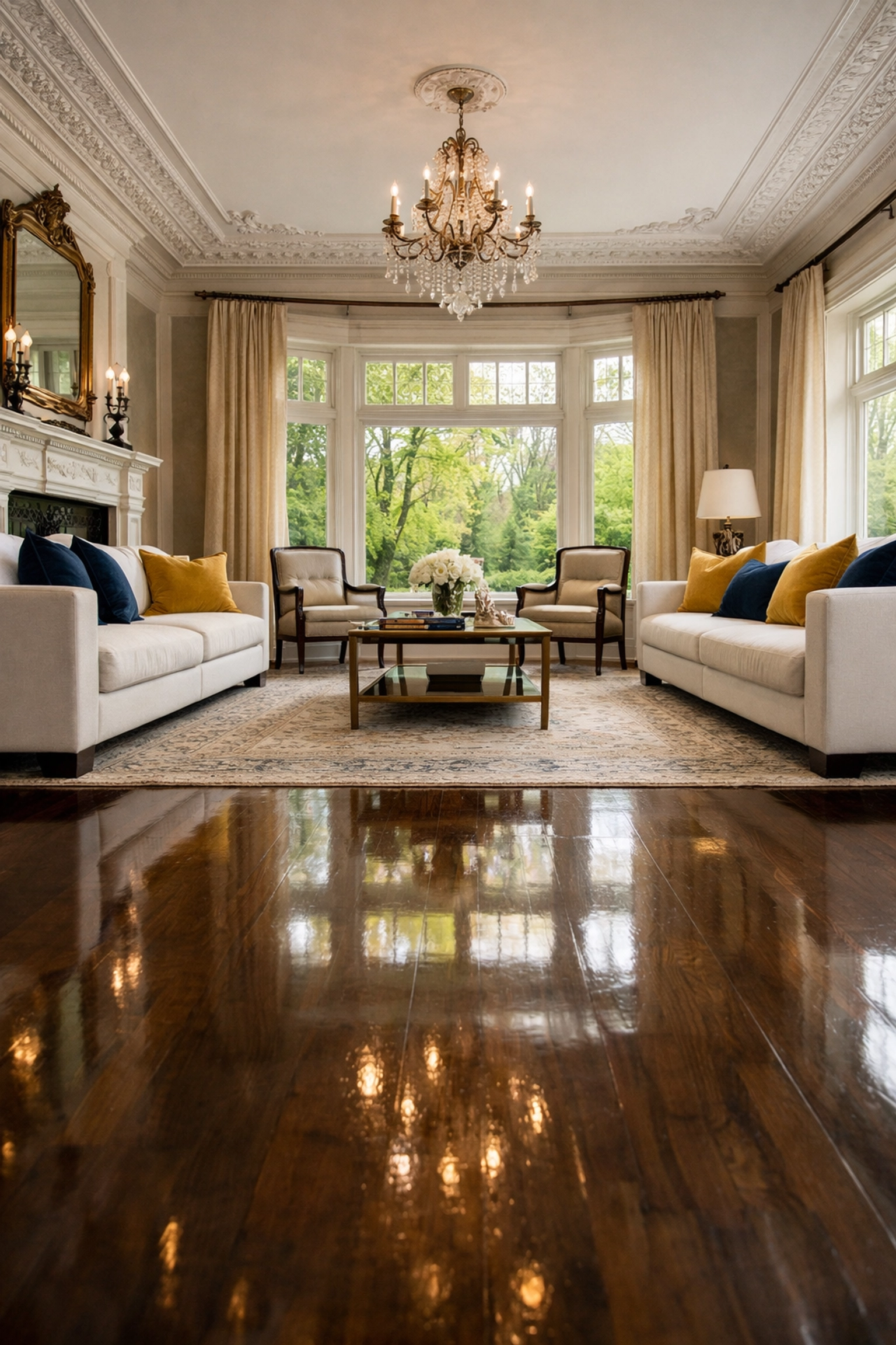 Immaculate historic living room in Wellesley with polished hardwood floors after a successful Spring cleaning MA.
