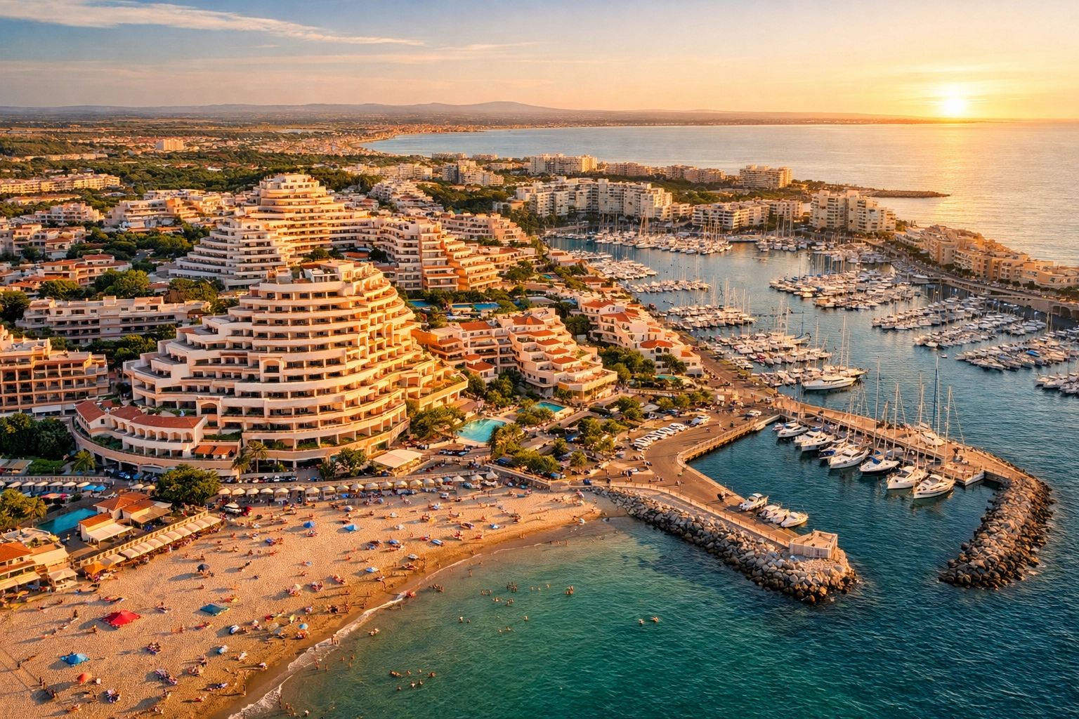 Aerial view of Cap d'Agde naturist village on Mediterranean coast in southern France