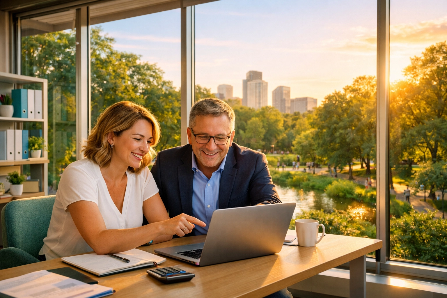 Small business owner collaborating with a tax professional on tax preparation help in a modern sunlit office.