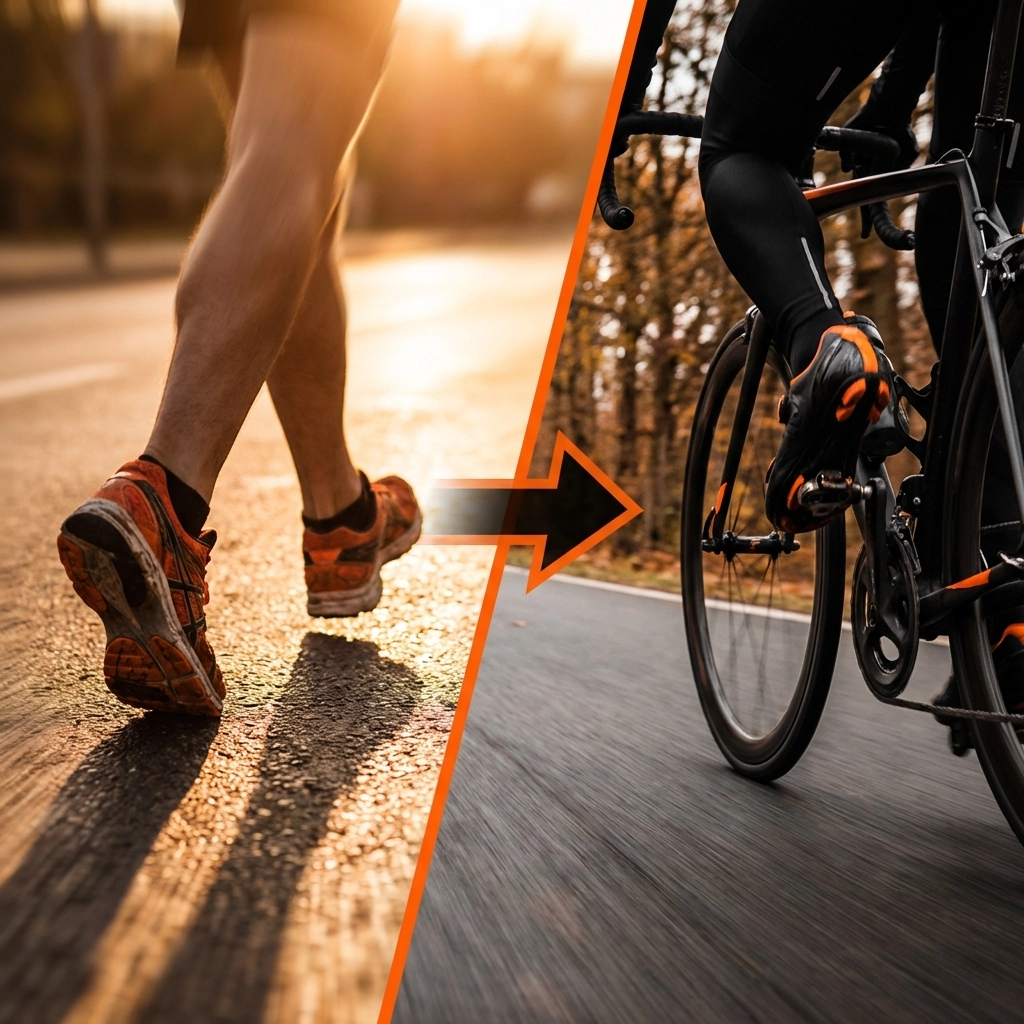 Split image of running and cycling, highlighting cross-training to avoid running injuries.