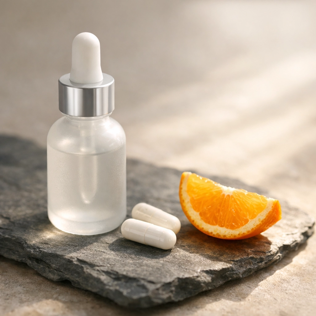 Vitamin D and sleep supplements on a slate surface for shift workers lacking natural sunlight exposure.