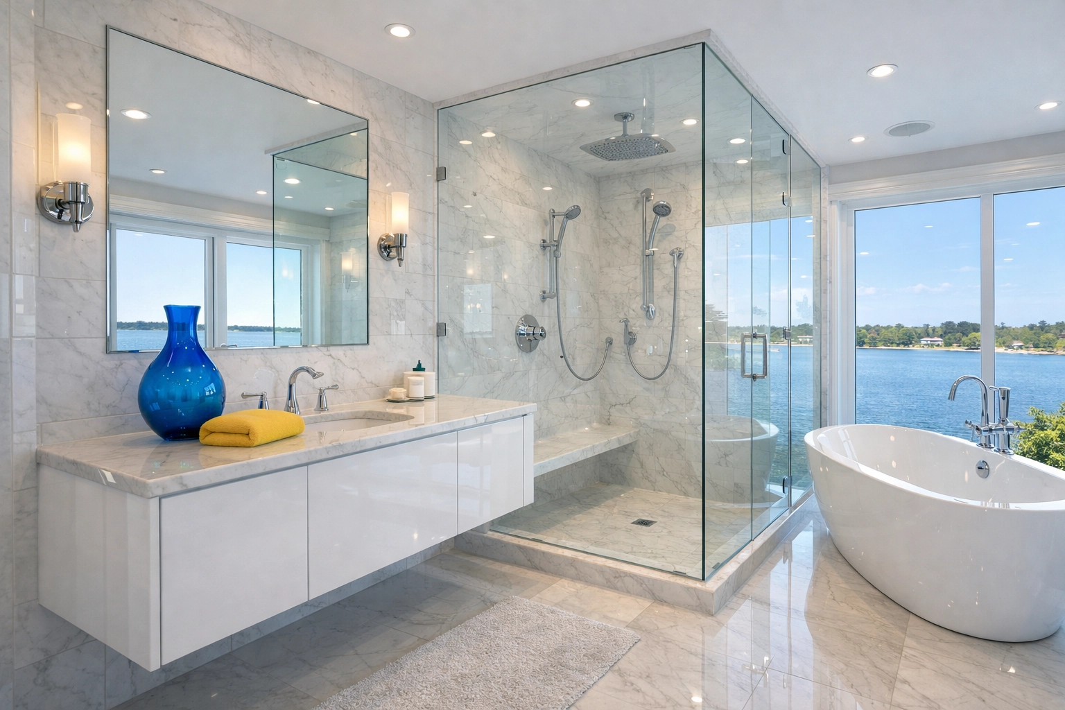Spotless luxury master bathroom in a Duxbury waterfront estate after professional cleaning.