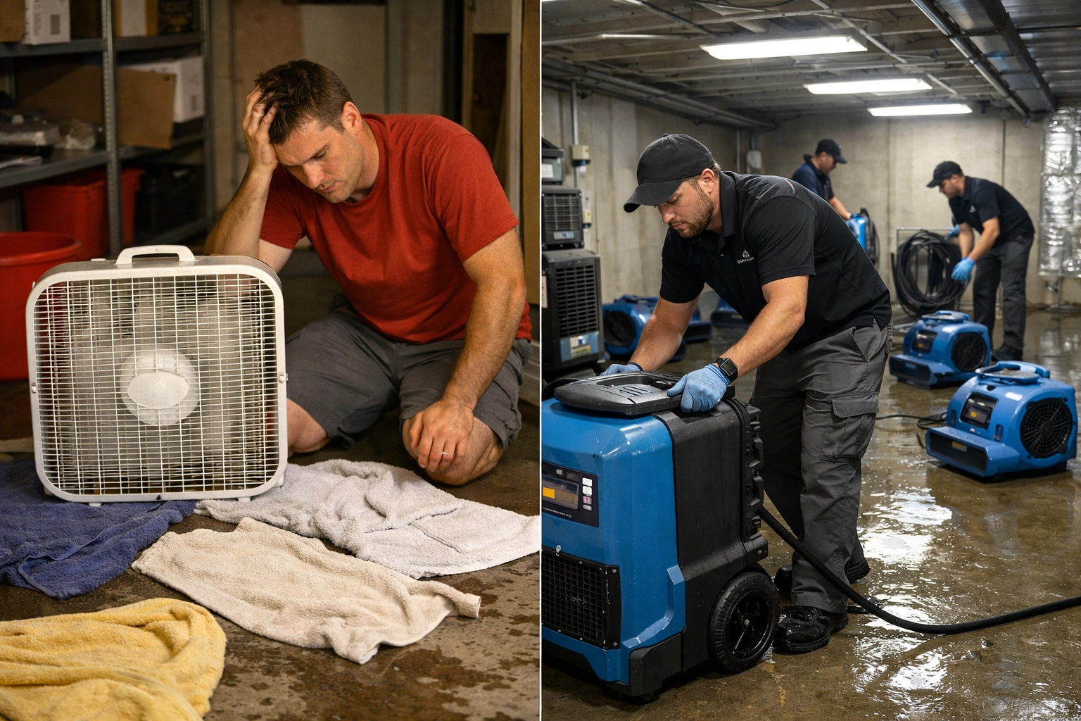 DIY water cleanup with fans versus professional restoration equipment with industrial dehumidifiers