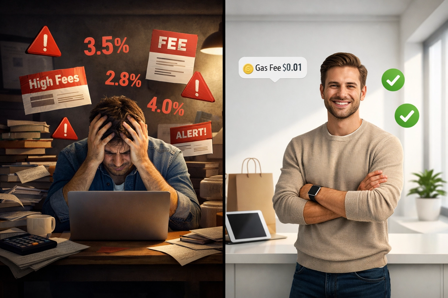 Merchant comparison: high percentage fees and stress vs gas-only crypto payments and savings