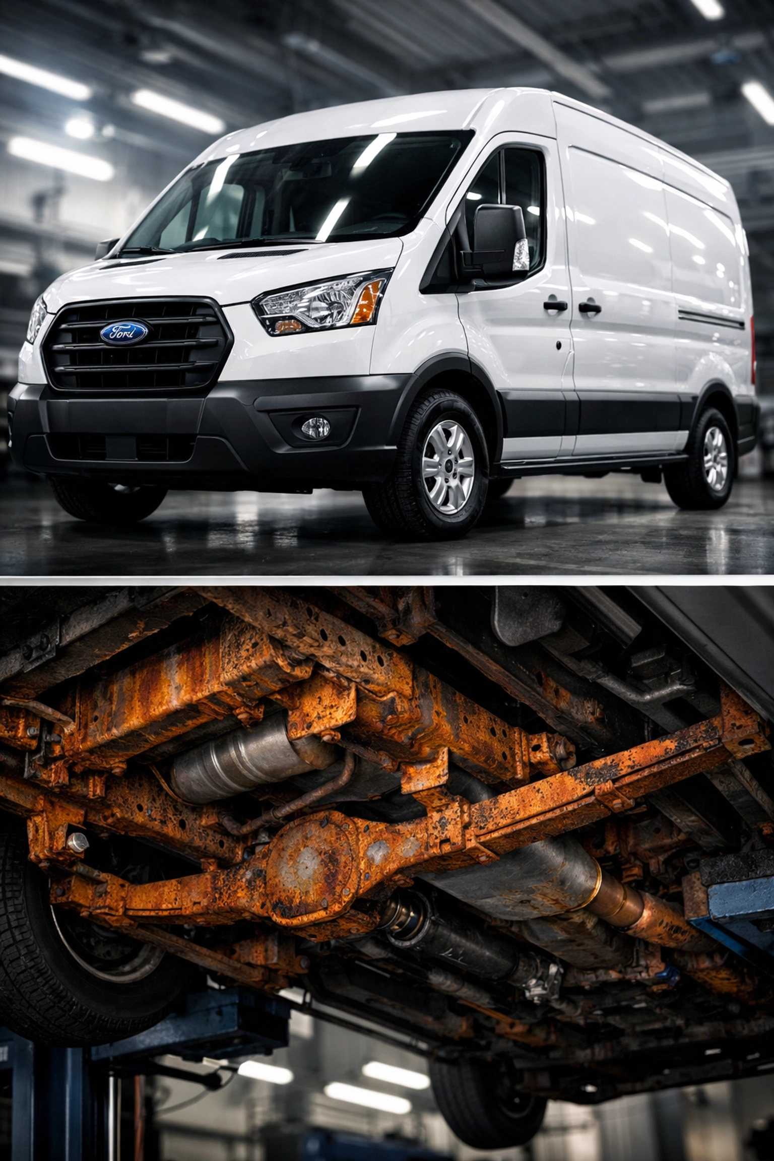 Comparison of a clean van body and hidden underbody rust on a chassis lift.