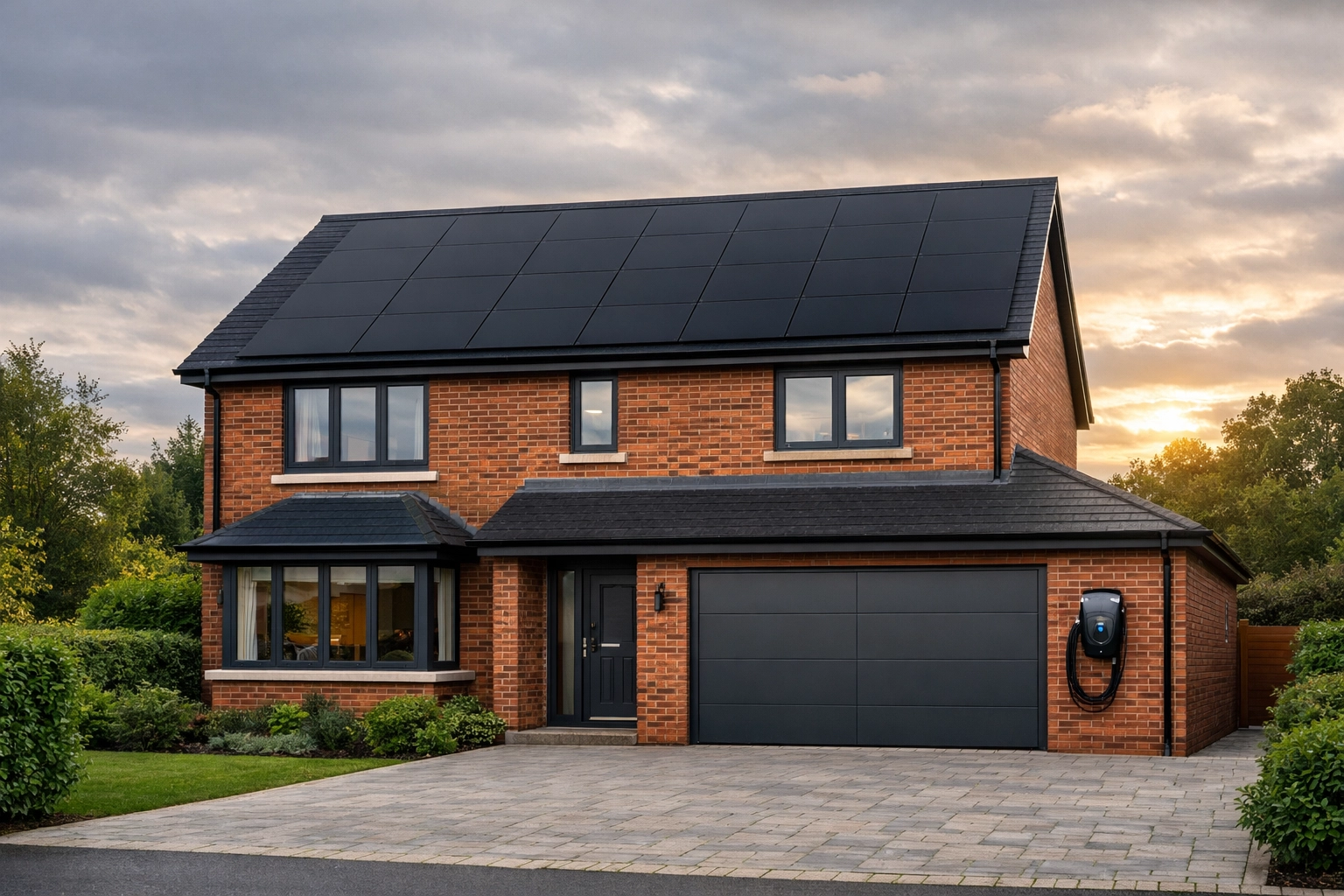 Modern South England home featuring sleek black-on-black solar panels and a home EV charging point.