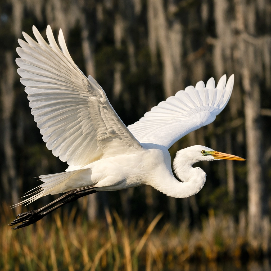 A Great Egret in flight over Everglades marshes, demonstrating birds in flight photography.