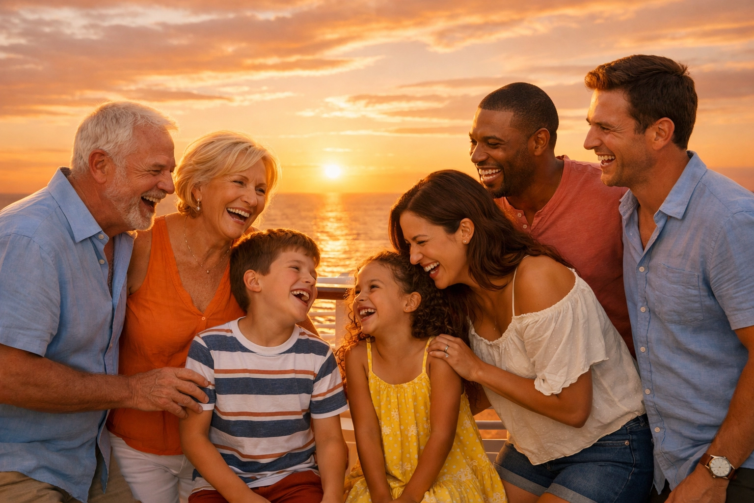 Multi-generational family enjoying sunset together on cruise ship deck