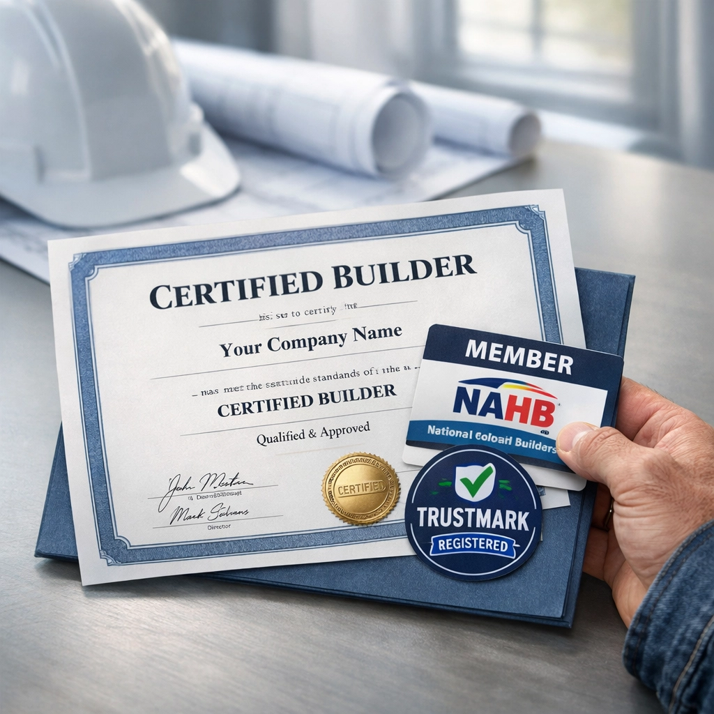 Builder certification documents and membership badges for Nuneaton extension contractors