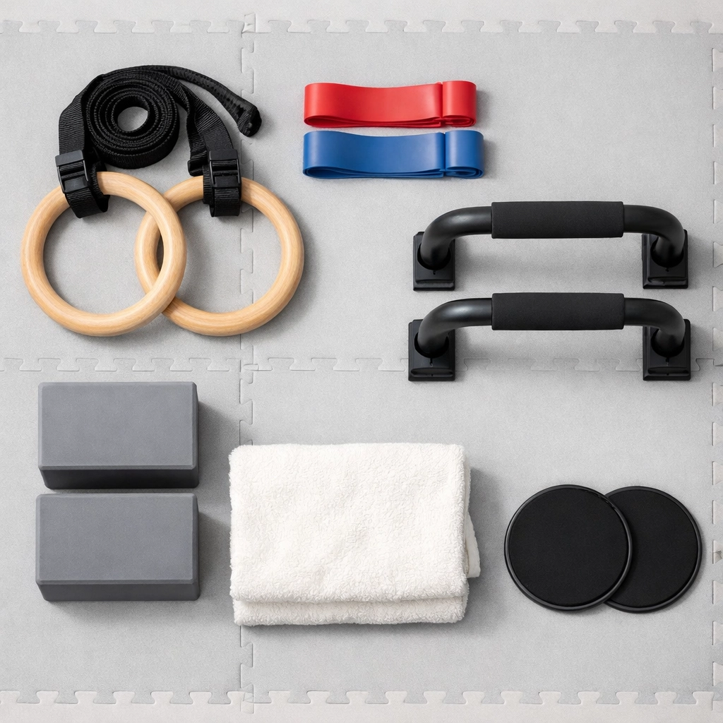 Portable home gym equipment including rings, resistance bands, and mats on puzzle mat