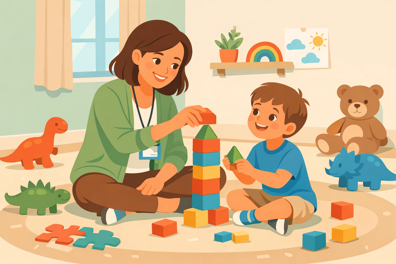 Therapist and child building trust through play-based ABA therapy with colorful blocks and toys