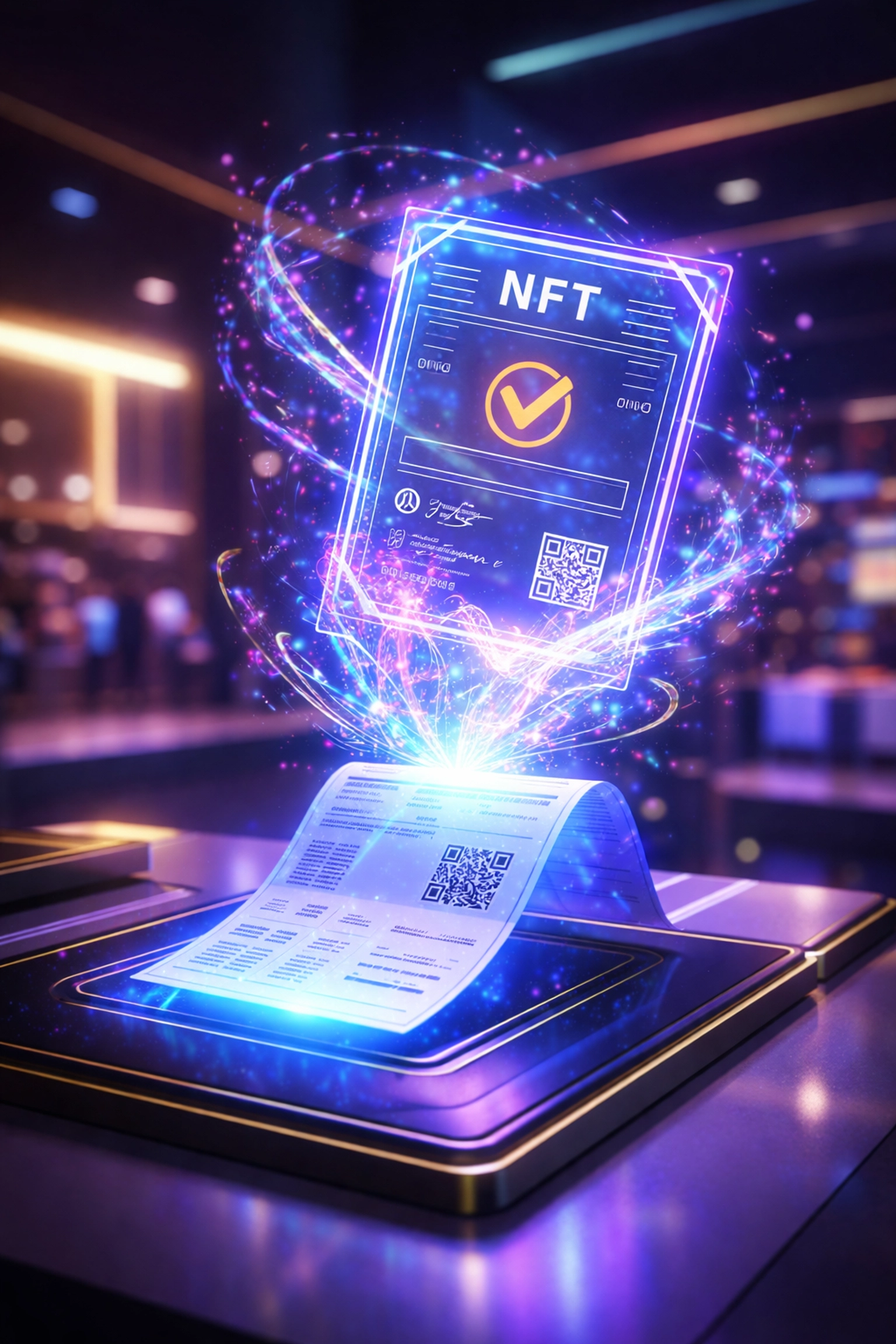 Digital blockchain receipt transforming into a secure NFT certificate for merchant transactions and crypto payments.