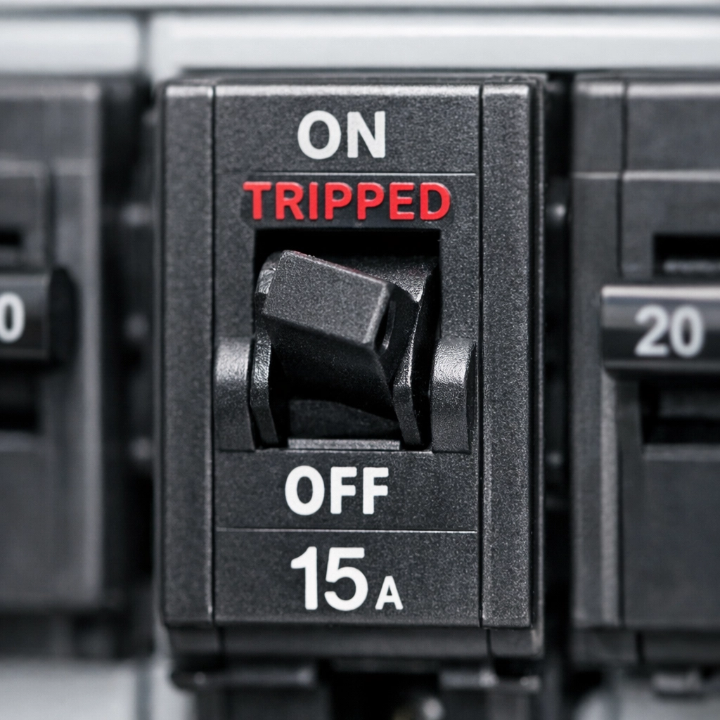 Tripped circuit breaker switch inside a panel, signaling a need for home electrical repair in Atlanta.