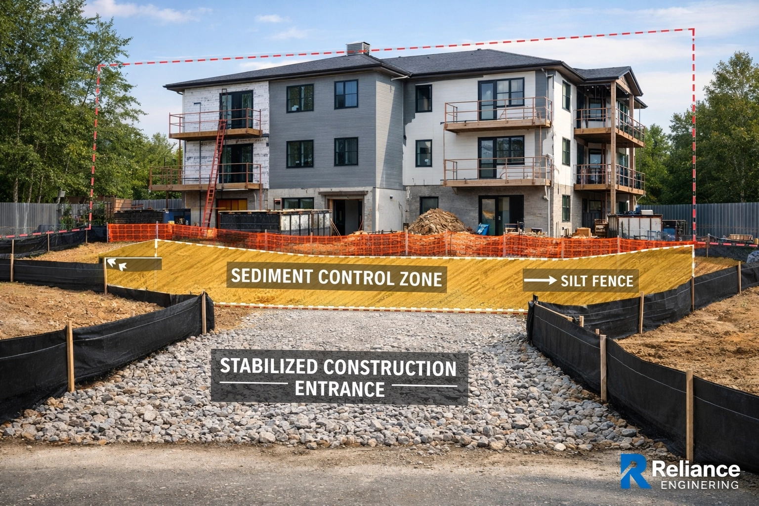 Ontario multiplex construction site featuring silt fencing and a professional erosion and sediment control plan.