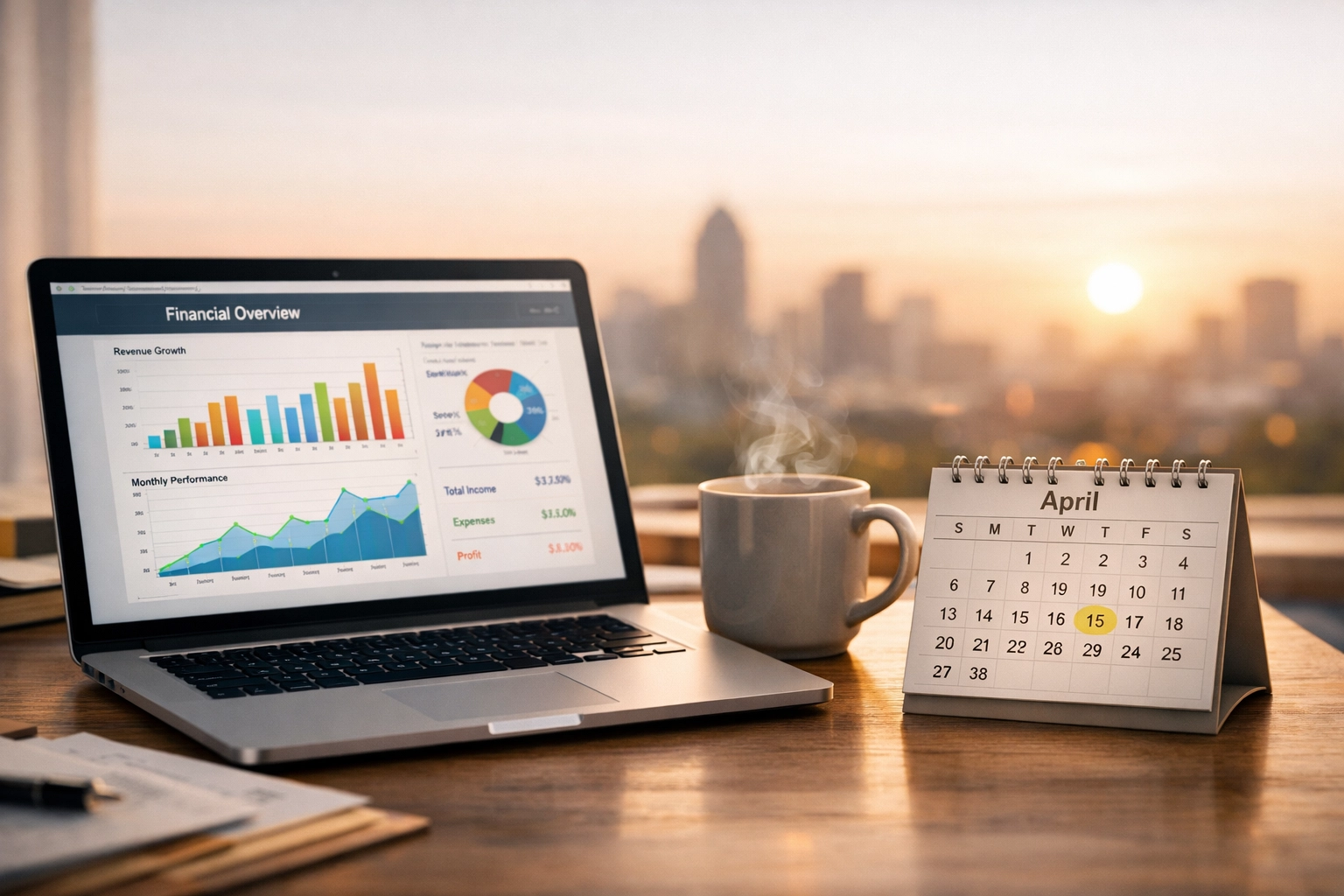 Modern workspace with a laptop showing financial data and a calendar for tax deadline planning.
