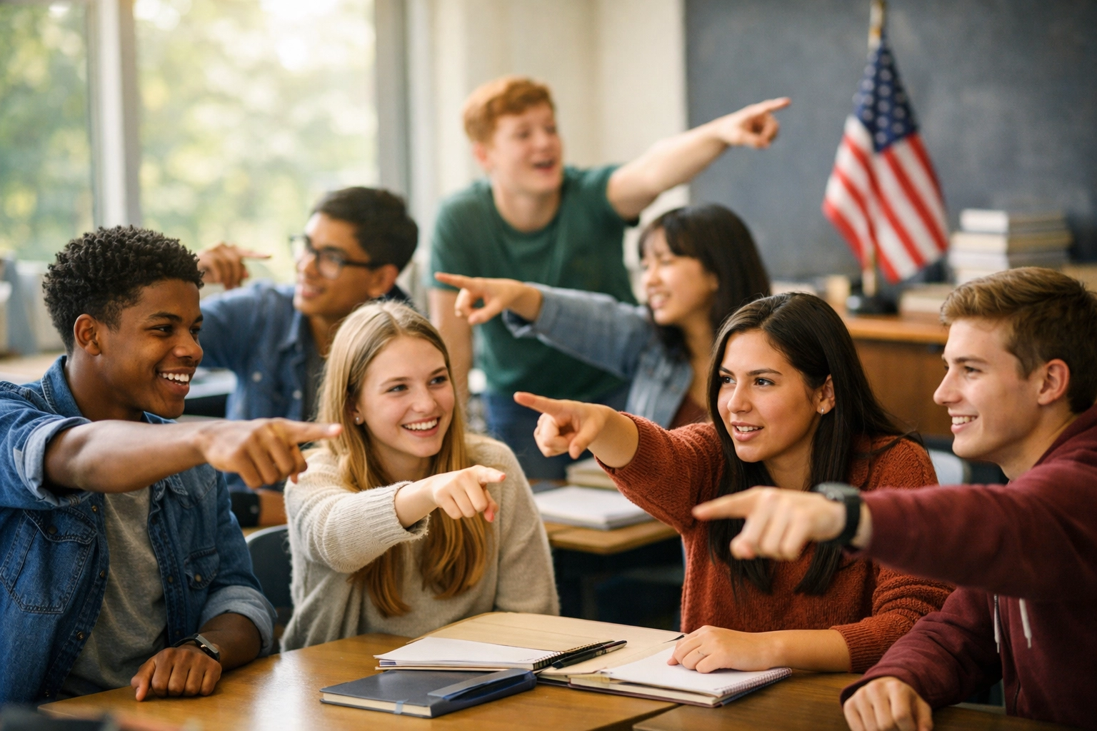 High school students collaborating on a patriotic America 250 classroom civics activity.