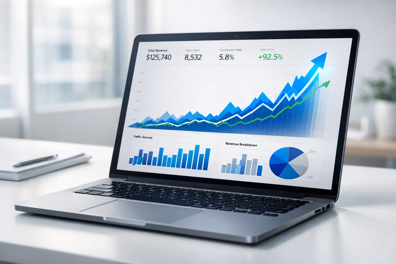 Analytics dashboard showing dramatic AI traffic growth and revenue increase metrics