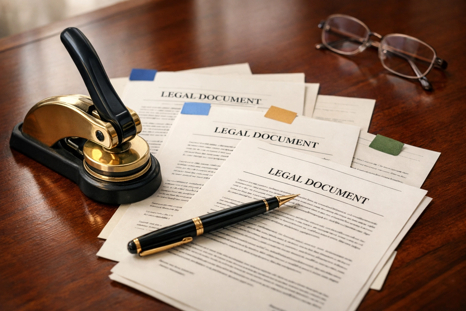 Legal documents with notary seal and pen on desk representing Texas notarial acts