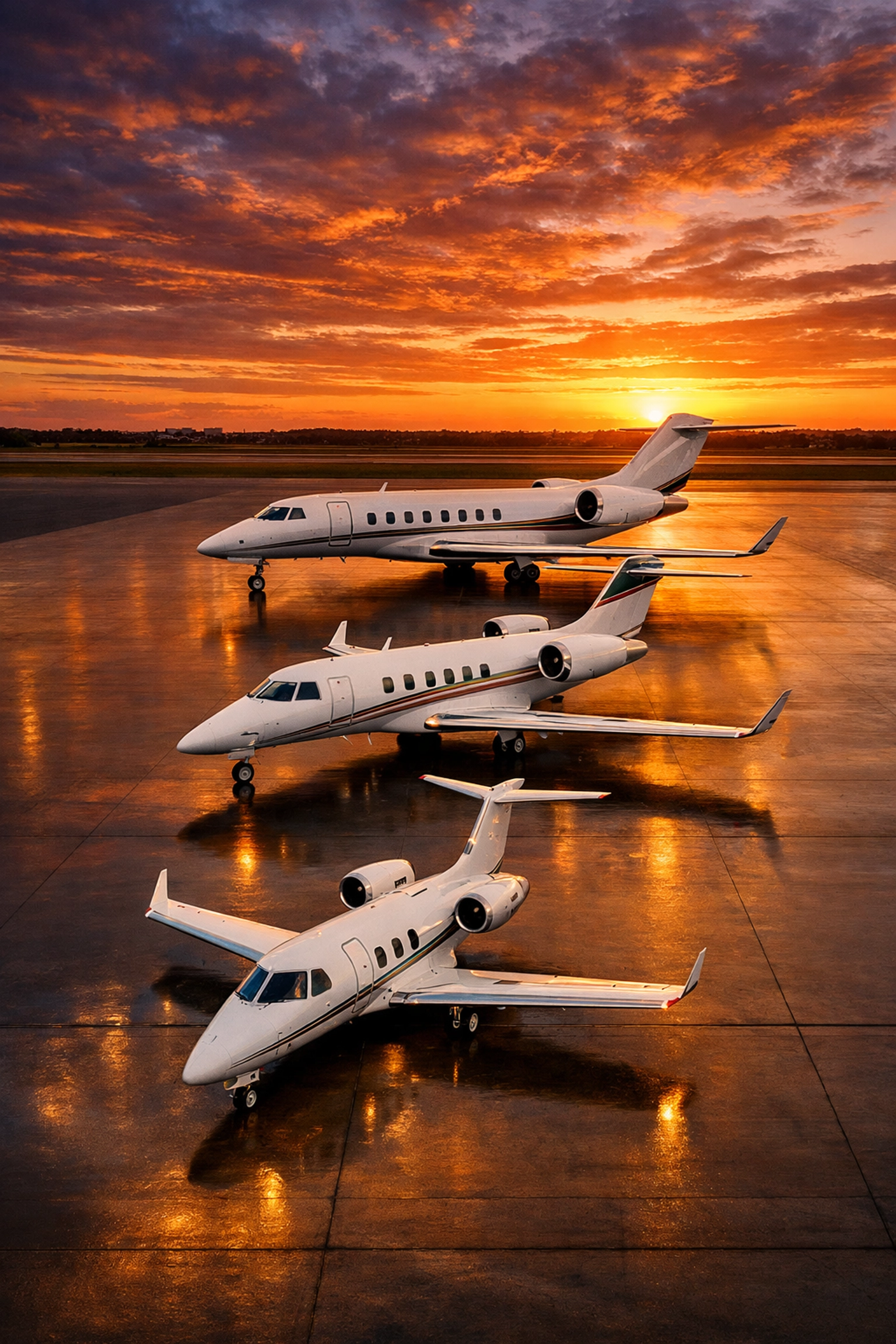 Three private jets on tarmac comparing light jet, midsize jet, and super-midsize jet sizes