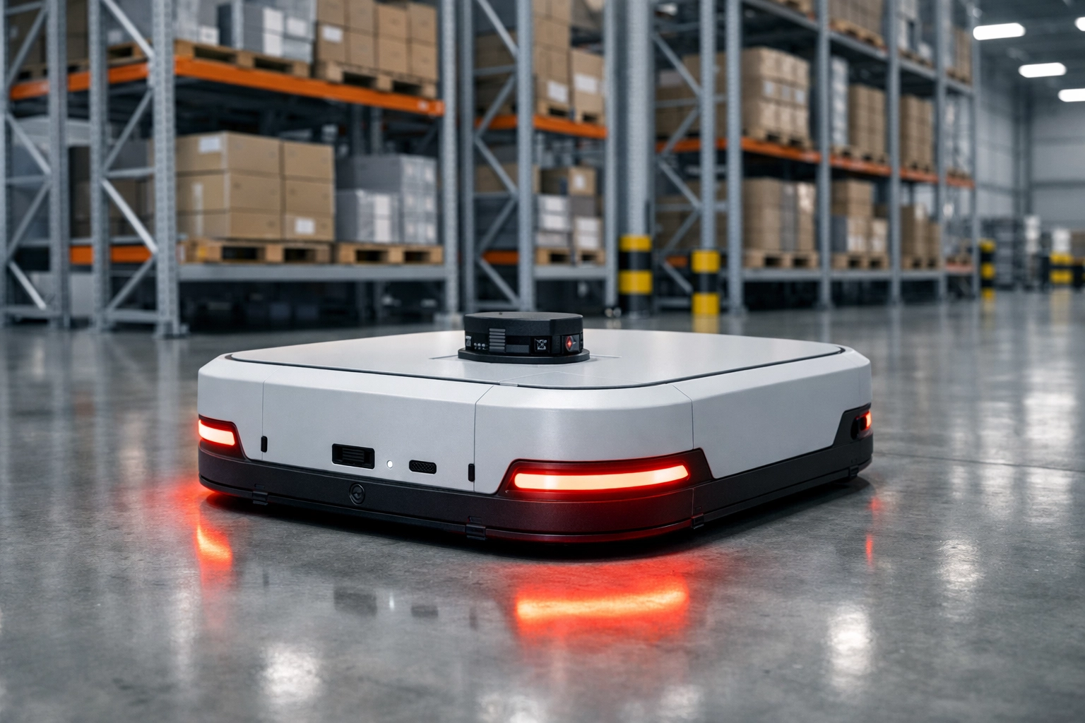 Modern autonomous mobile robot improving efficiency in a professional warehouse and fulfilment center.