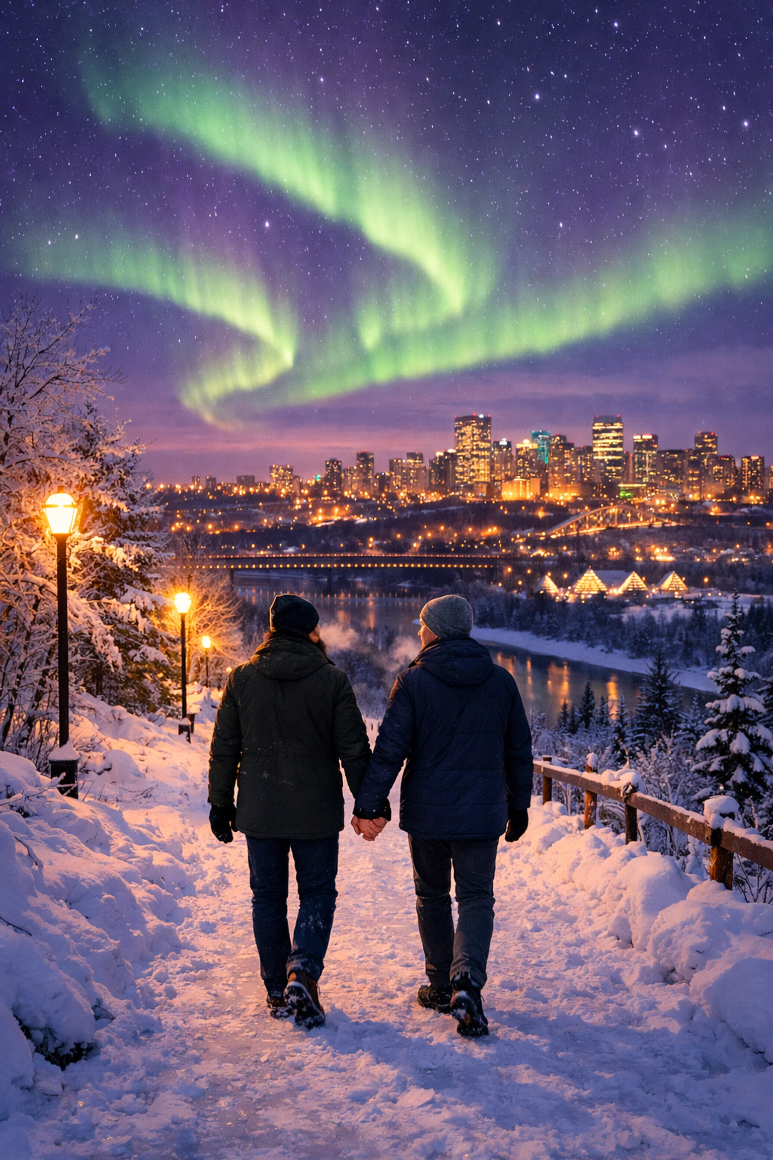 Gay couple holding hands under northern lights in Edmonton's snowy river valley
