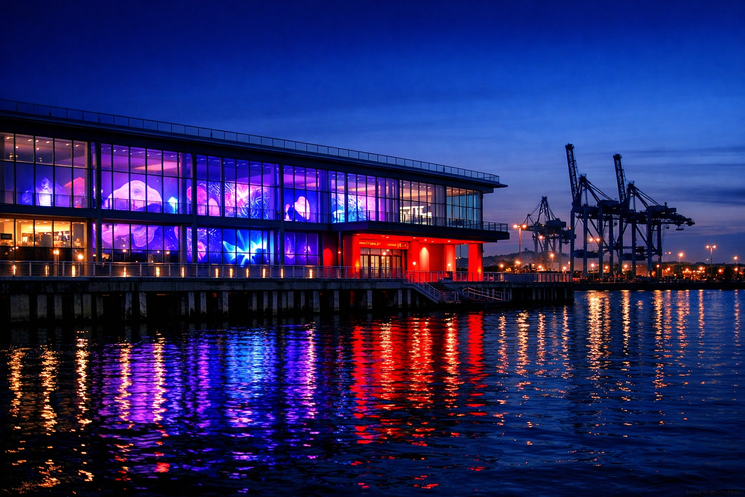 Panorama Expérience immersive art venue at Montreal's Grand Quay waterfront at dusk
