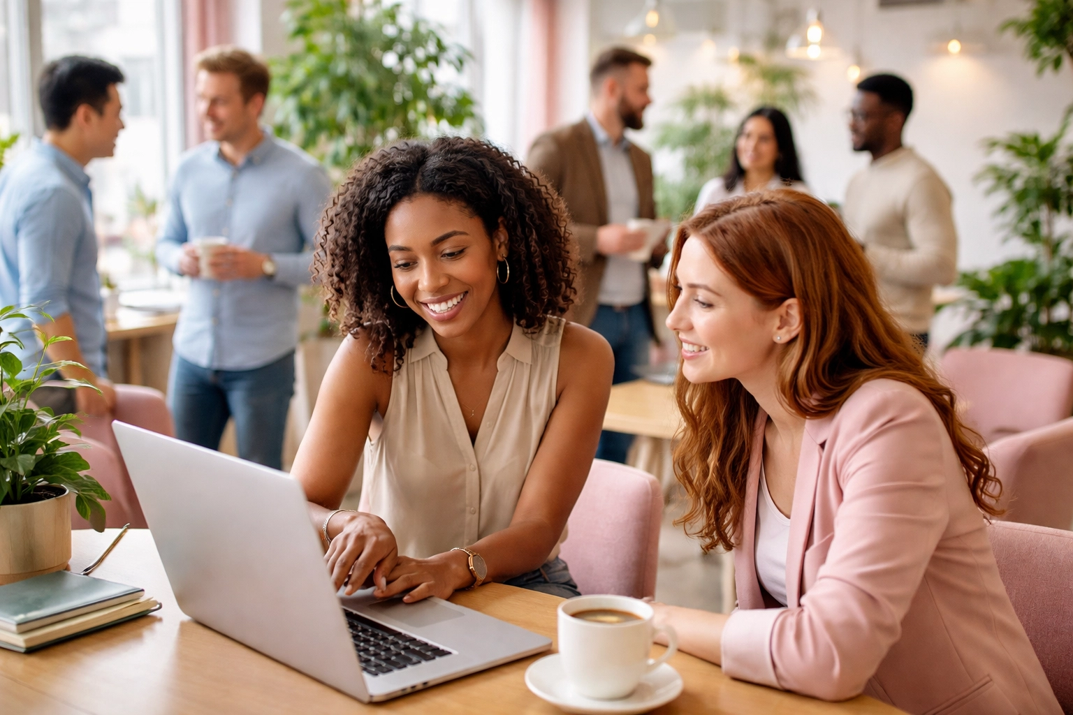 Diverse professionals networking at a bright co-working space, illustrating business growth conversations on LinkedIn.