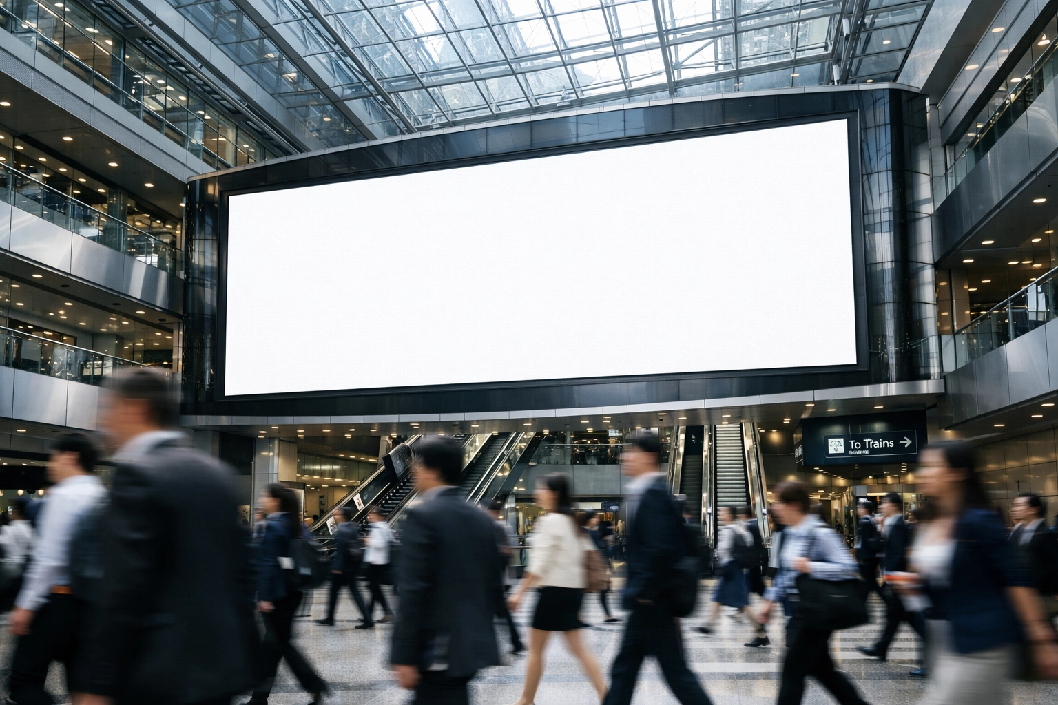 High-impact digital advertising screen in a busy Hong Kong transit hub for a global DOOH campaign.