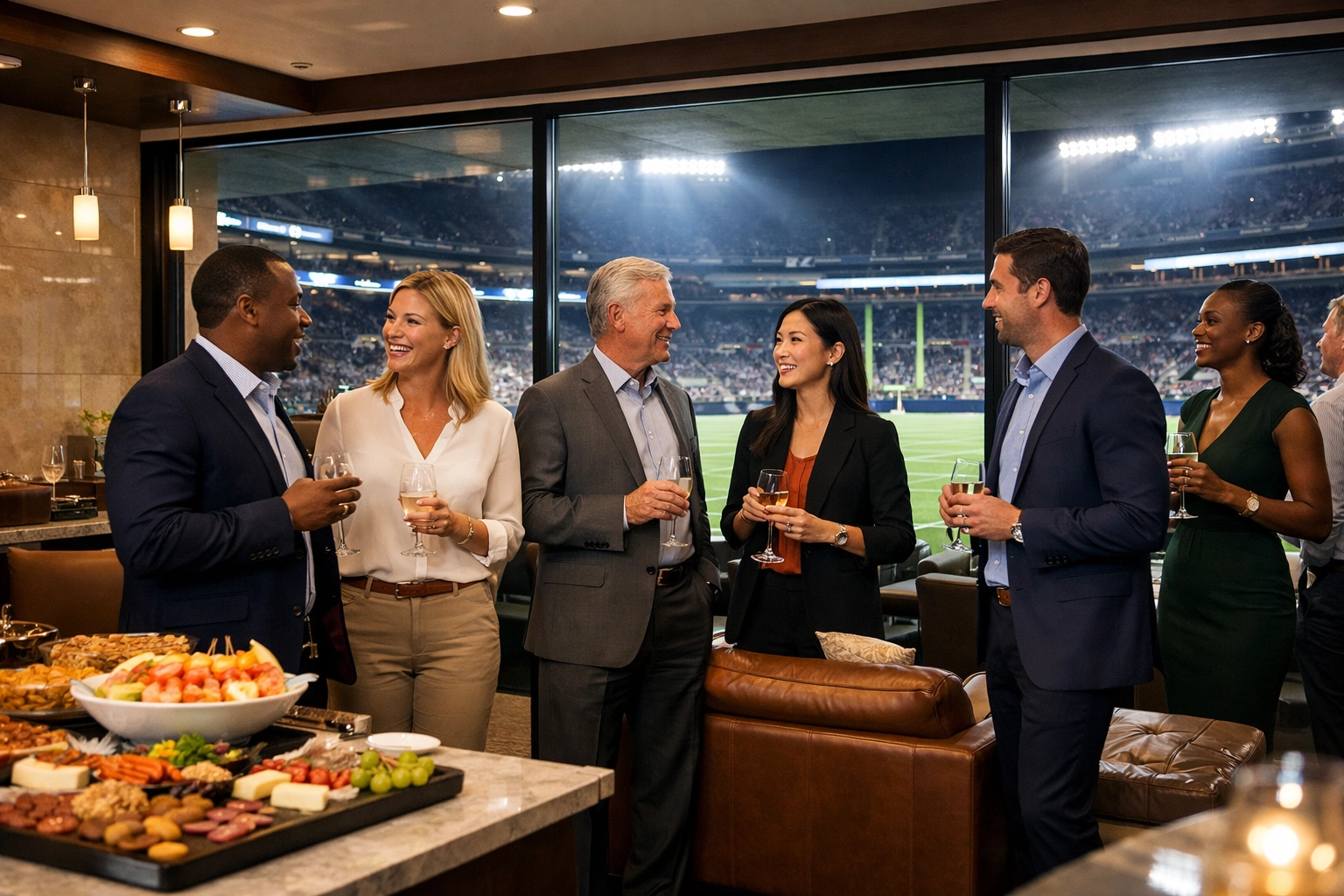 Executives networking in a luxury Super Bowl stadium suite for corporate hospitality and brand visibility.