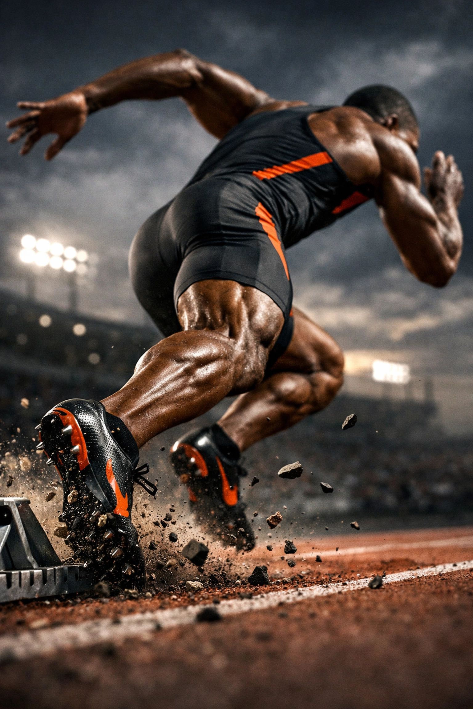 Sprinter exploding from starting blocks demonstrating explosive concentric power and muscle tension.