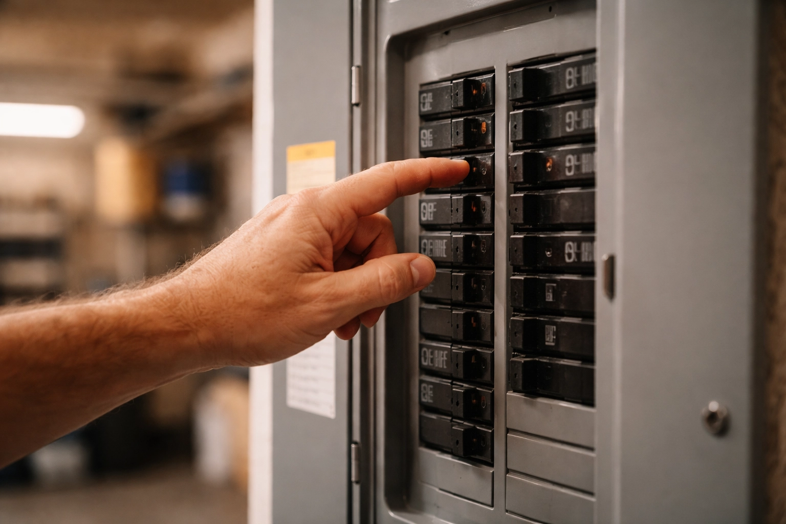 Homeowner resetting tripped breaker in circuit panel, addressing common electrical issues at home