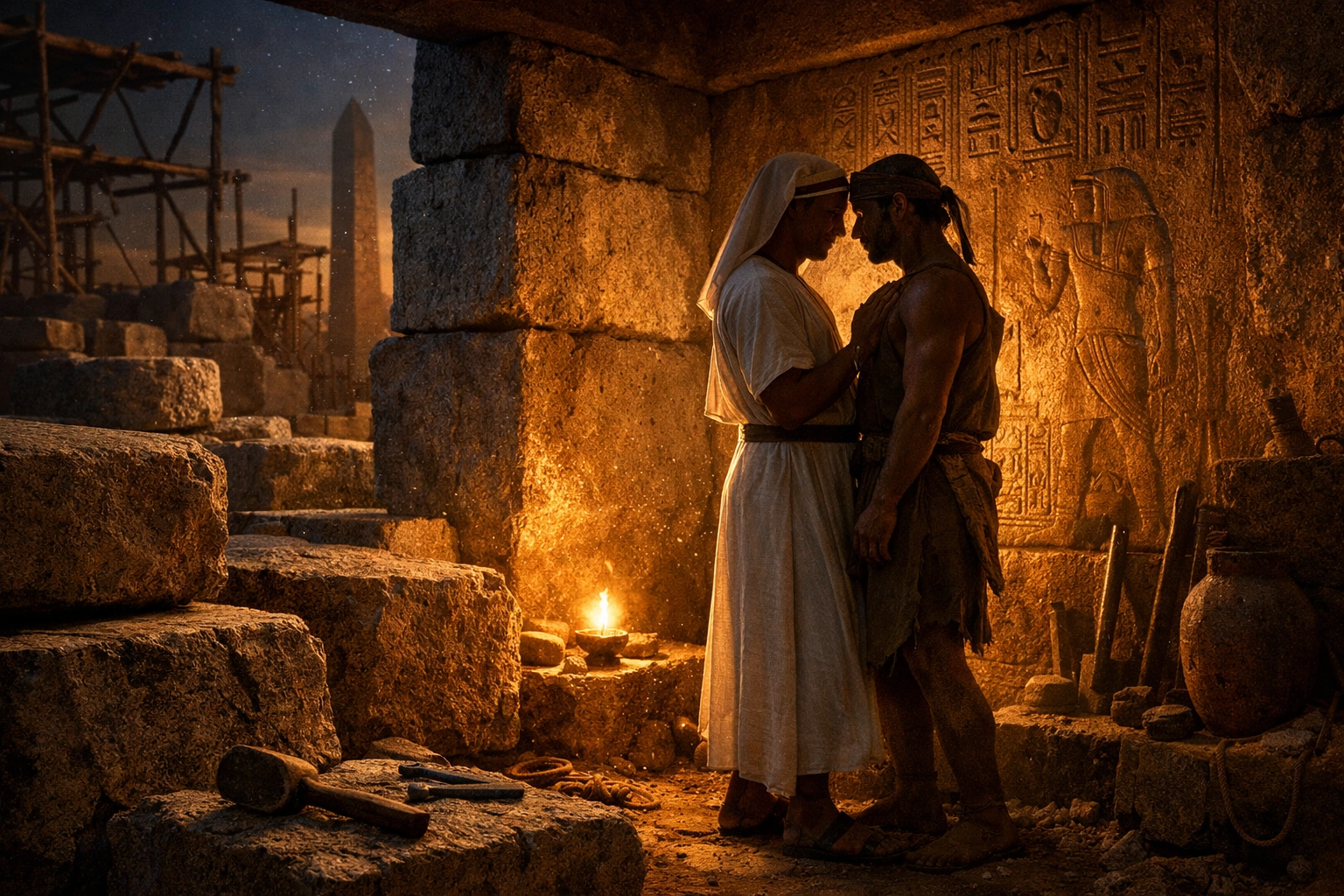 Two men meet secretly at Egyptian temple construction site among granite blocks