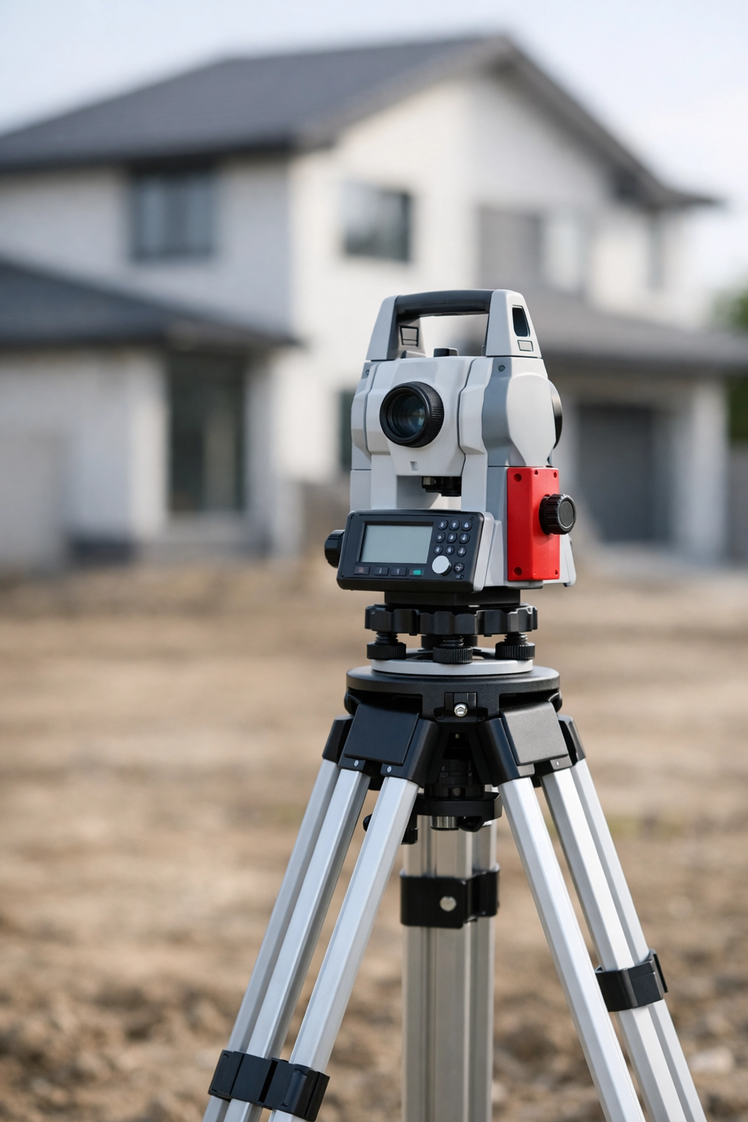 Arpenteur-géomètre mesurant terrain pour certificat de localisation à Québec