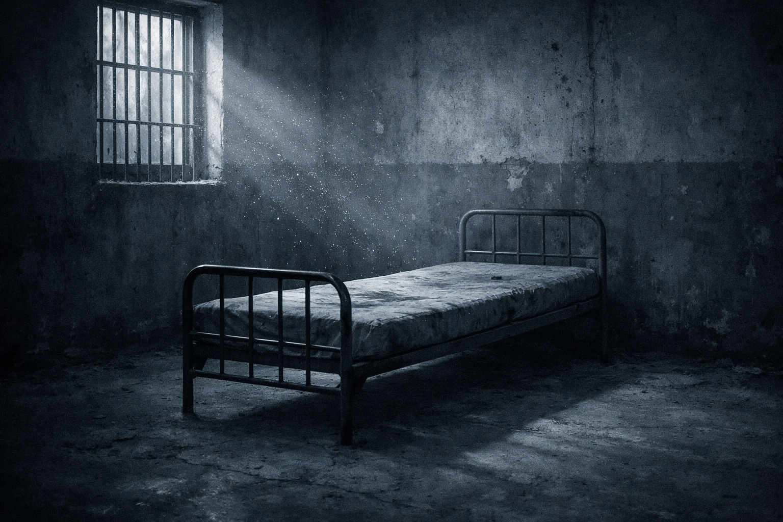 Leeres Metallbett in spartanischem Heimzimmer symbolisiert Isolation missbrauchter Kinder