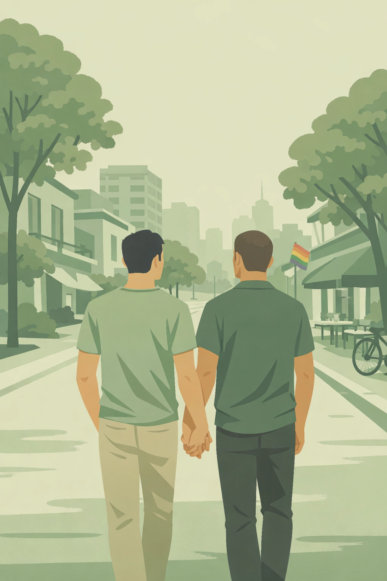 Two men holding hands walking together symbolizing committed MM romance and moving forward