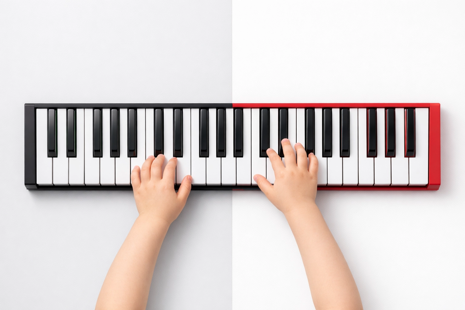 Top-down view of child's hands playing a piano keyboard to develop bilateral brain balance.