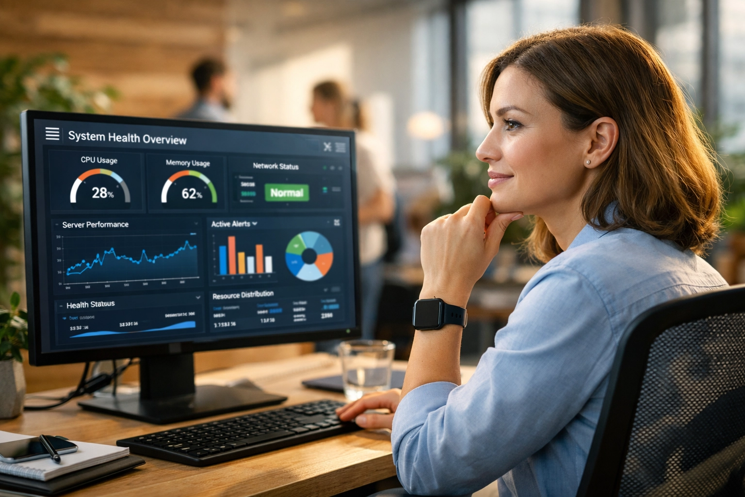 An IT manager analyzing ITOM and ITAM data visualizations to optimize ServiceNow platform performance.