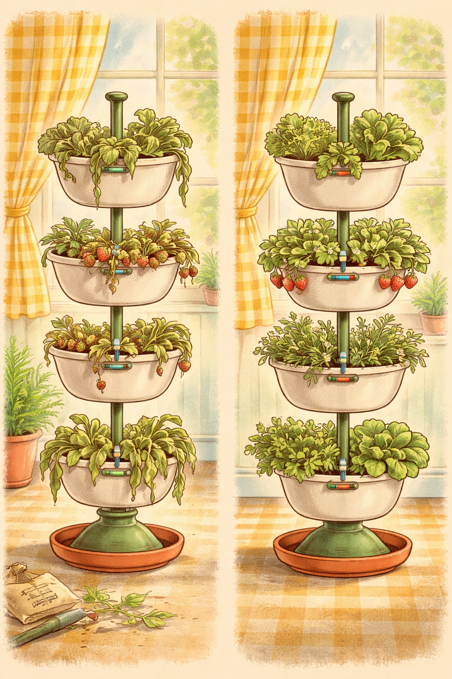 Side-by-side vertical garden towers, one lush and one wilting, showing effects of balanced vs. uneven water distribution in gravity-fed systems.