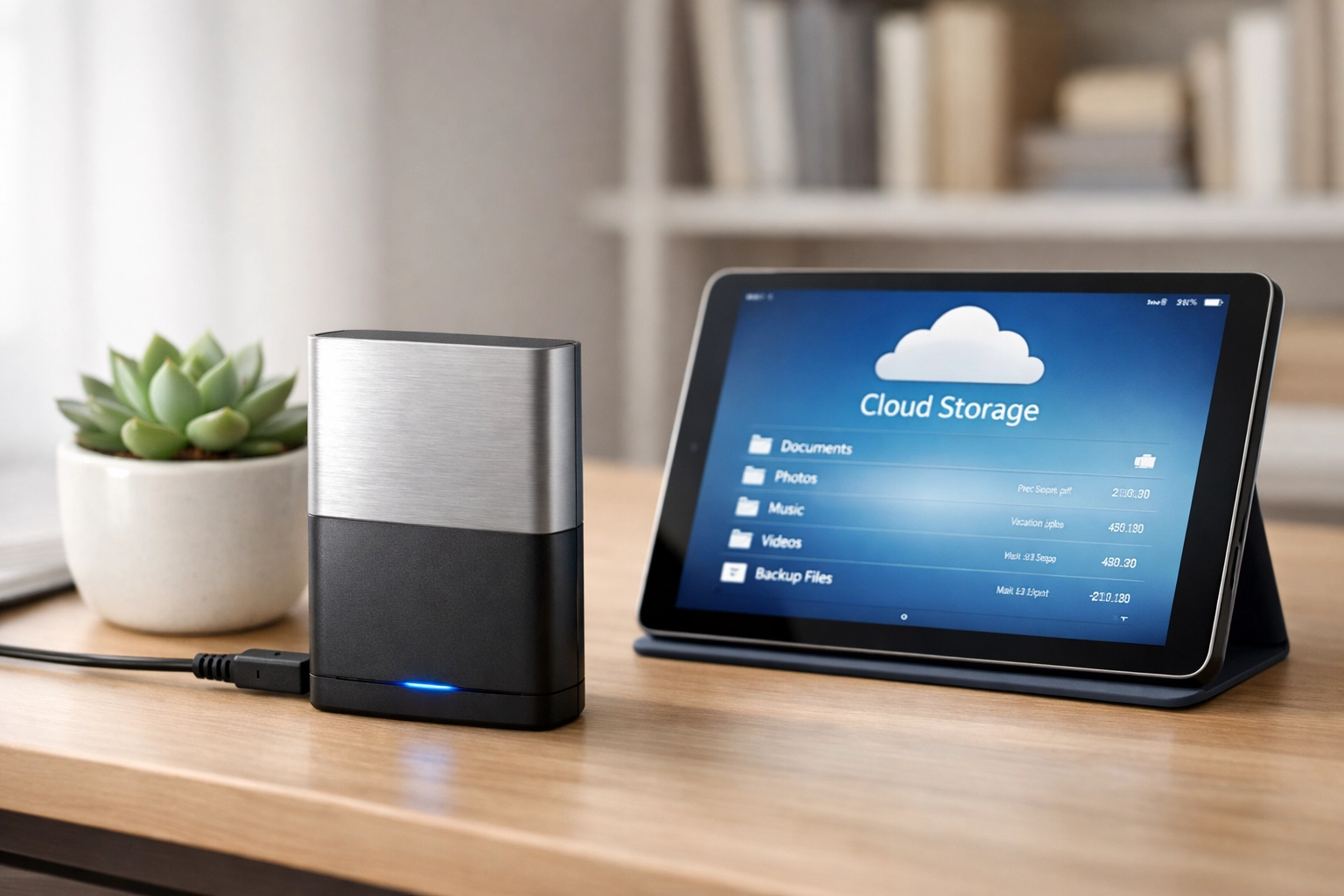 Modern home office setup with external hard drive for virtual bookkeeping data backup