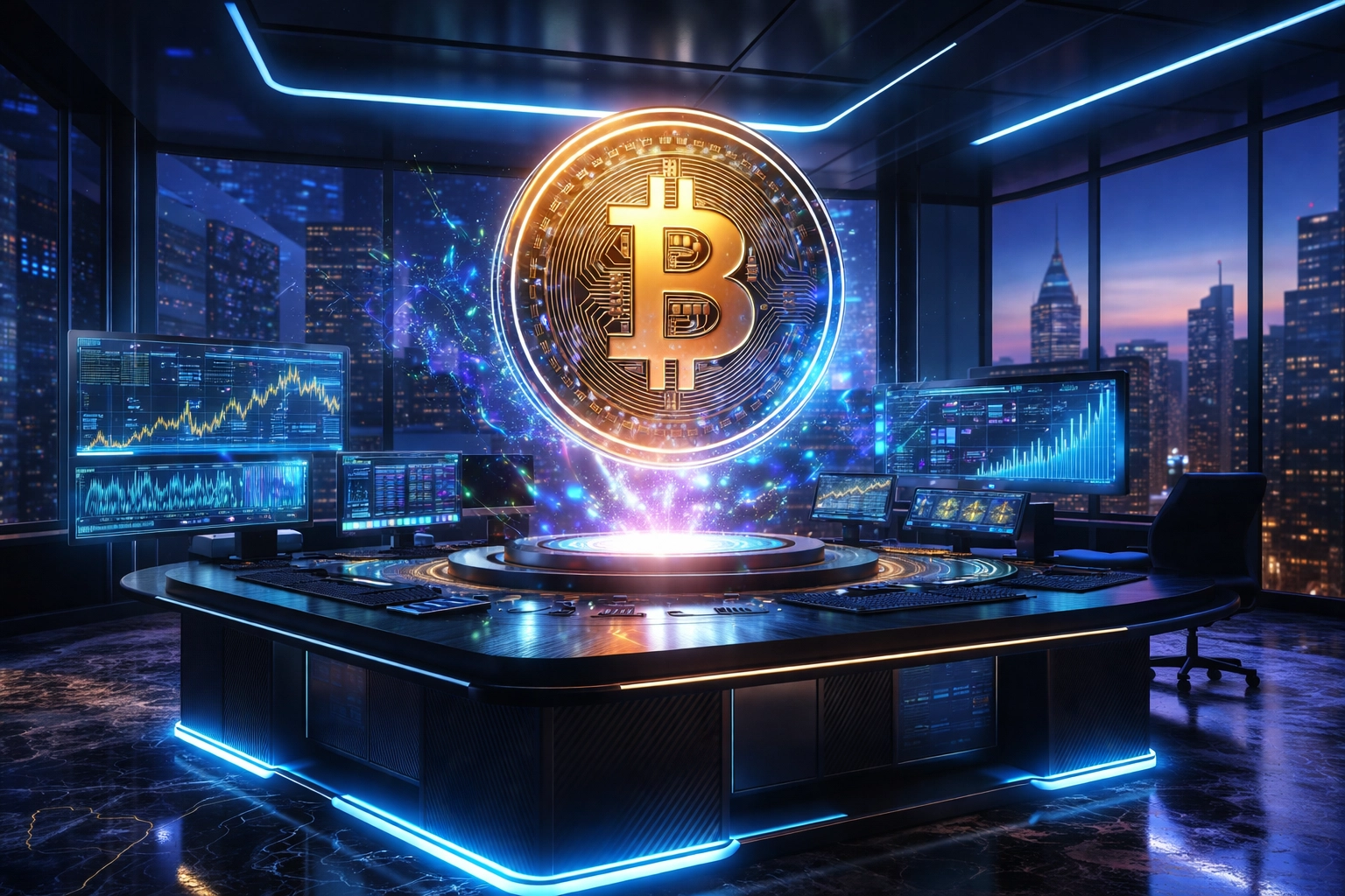 Institutional trading desk with a glowing Bitcoin symbol, illustrating crypto integration in high-net-worth investment portfolios.