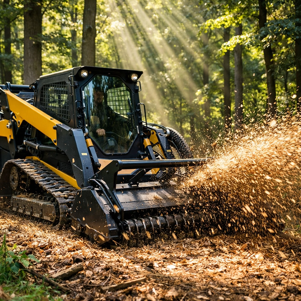 Professional land clearing and brush removal services clearing undergrowth in a Michigan woodland.