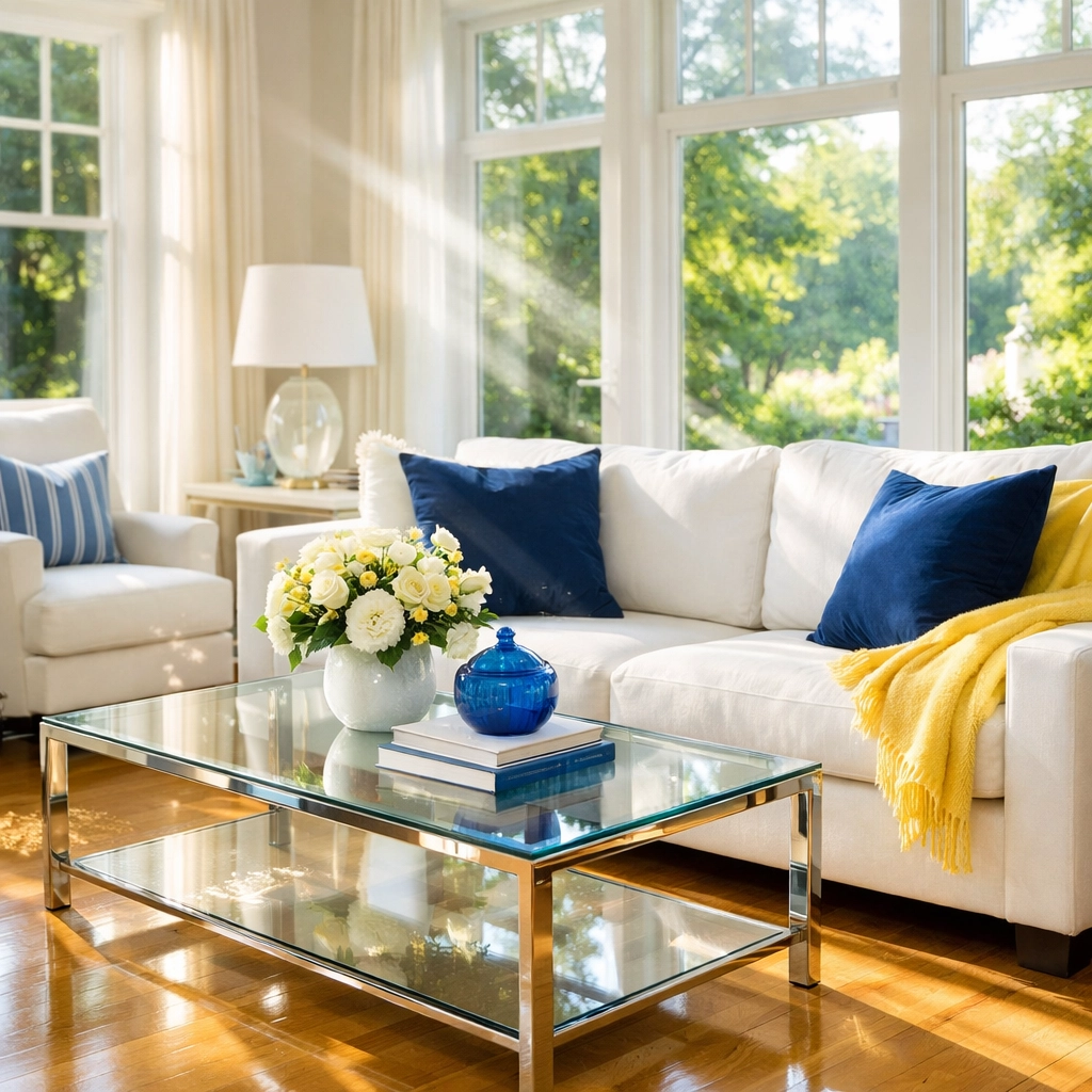 Sunlit Newton living room showing clean air and surfaces after professional deep cleaning services.